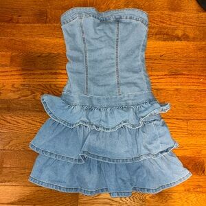 Strapless denim ruffle mini dress